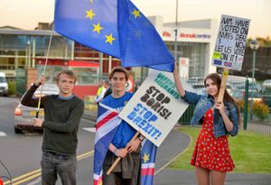 Alex Gunter from Telford, Oscar Redgrave from Shrewsbury and Rio Smith from Wrexham staged a counter demonstration outside the Brexit Party conference