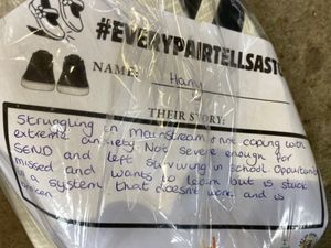 Shoes were labelled with their owner's story at the Every Pair Tells a Story protest at Dudley Council House. Picture Martyn Smith/LDRS free for LDRS use