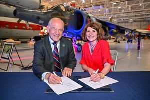 Sir Stuart Atha, Director of Defence Capability at BAE Systems (left) with Maggie Appleton, RAF Museum CEO. Picture: RAF Museum. 