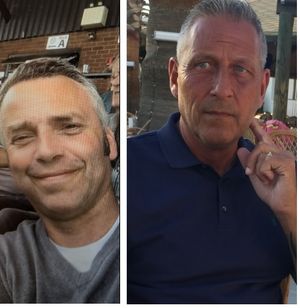 Ade Wilkes (left) rushed to help save the life of Hednesford Town fan Stuart Wright (right) when he was taken ill at the group's match with Congleton Town