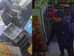 Supporting image for story: Caught on camera: Suspects hunted by police after shopkeepers hit with bottles in violent robberies