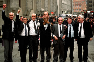 The Birmingham Six outside the Old Bailey in London, after their convictions were quashed, with Chris Mullin MP: left to right – John Walker, Paddy Hill, Hugh Callaghan, Chris Mullen MP, Richard McIlkenny, Gerry Hunter and Billy Power.