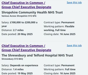 The chief executive in common role has been advertised as a Shropcom and SaTH job. Picture: NHS Jobs website