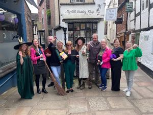 Emma Hopkins and Emma Spenser (Bridgnorth Library), Erik and Sarah Pederson (The Viking Chef), Maggie Rogers (The Travelwallet), Jen and Westley Bone (ShireFolk), Carrieanne Bishop and Jodie Hurley (The Cake Room), and Helen Fellows (Fresh From Nature) getting ready to celebrate Harry Potter's birthday earlier this year