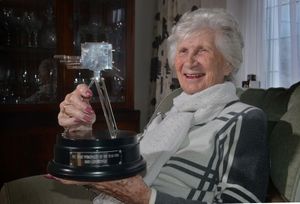 Anita Lonsbrough shows off the trophy she was awarded by the BBC in 1962 as Sports Personality of the Year