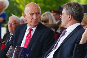 Secretary of State for Defence, John Healey (left) attends the national Service of Remembrance, hosted by the Royal British Legion in partnership with the Government, to mark the 80th Anniversary of VJ Day at the National Memorial Arboretum in Alrewas, Staffordshire. Picture date: Friday August 15, 2025. PA Photo. Photo credit should read: Christopher Furlong/PA Wire 