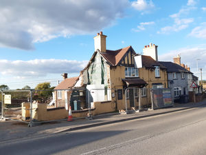 Little work has taken place at the Three Fishes Inn after it was hit by a lorry in November 2024. Picture: LDRS