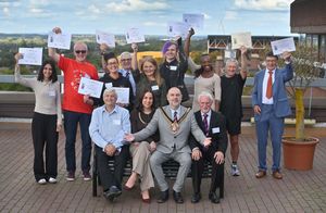 Presentations for Rotary Club's Best Foot Forward event. At the front is Anthony Allen from Central Youth Theatre, Mayoress and Mayor: Abby and Craig Collingswood, Derek Clarke from MS Therapy Centre, and centurian runners at the back: Steph Onions, Ian Cresswell, Dwayne Samuels and Kal Singh represented by Jen Davies, Preston Grundy, Gail Shore, Ace Barratt, Sharon Messam, Jamie Bird and Brian Slater (representing himself and Earl Edwards too).