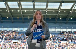 Jeff Astle's daughter Dawn speaks to the fans at The Hawthorns