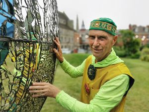 Andrew Logan with his 'Cosmic Egg' sculpture. Picture: Katy Rink