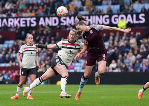 Manchester United's Elisabeth Terland and Aston Villa's Anna Patten (right) battle for the ball during the Barclays Women's Super League match at Villa Park on Sunday