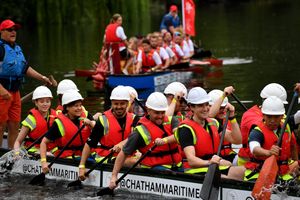 This team had no need to worry about stray oars with their hard hats on at Severn Hospice Dragon Boat Festival