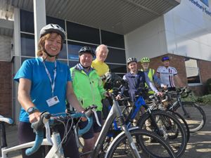 Emma Wilde from Age UK Shropshire Telford & Wrekin at the launch for the cycling event with Mayor, Alex Wagner, Deputy Mayor, Bernie Bentick and representatives from Shropshire Cycle Hub, Cycling UK and Sustrans.
