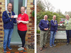On the left Rachael Hughes is being presented with a cheque from President Rob Evans. On the right, Lisa Griffiths, the Chief Executive Officer of The Bracken Trust Cancer Charity also received a cheque for £500 for the charity