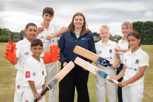 Georgia Thomas of Anwyl Homes at Shrewsbury Cricket Club with coach James Wojda and players Dexter, Sophia, Rafferty and Rueuben.