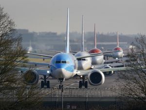 Planes queue for take off at London Gatwick Airport in Crawley, West Sussex.