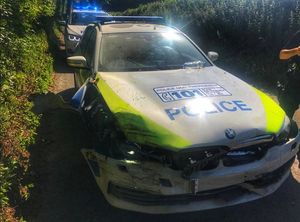 Damaged police car. Pic: @OPUShropshire