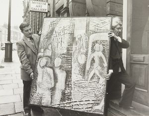 Mid-Art Exhibition, Dudley Art Gallery. One of the entries in the annual Mid-Art competition came from artist Bryn Jayes from Radmore Road in Handsworth, and was titled 'In praise of all bus stations'. The photograph shows Bryan Greenaway from Pensnett and Peter Saunders from Stourbridge with one of the paintings in May 1984.