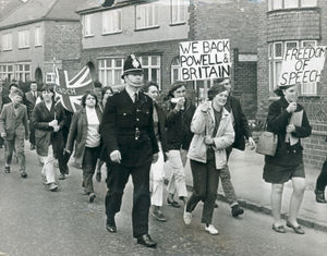 A march for Britain and for Freedom of Speech. Protesters backing Enoch Powell's right to voice his concerns over mass immigration take to the streets in April 1968. They are pictured walking down the Dudley Road, Wolverhampton, after leaving the town's St Peter's Gardens, bound for Dudley. 