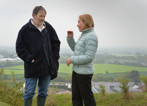 Helen Morgan talks to Oswestry Hillfort campaign supporter Dr George Nash