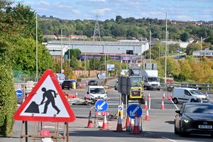 Road works to make preparations for trams arriving at Merry Hill centre.