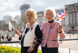 Ruth Bourne, 98, and Joyce Wilding, 100, (right) outside Buckingham Palace where they previously celebrated the end of the war in 1945.