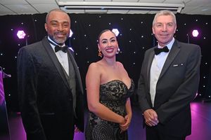 BUSINESS COPYRIGHT NATIONAL WORLD TIM STURGESS 13/11/24.  Ladder for the Black Country  Apprentice Awards 2024 .The Richardson Suite at West Bromwich Football Club. Pictured, left,Kevin Davis, Scarlett Lily Allan-Horton and Rob Colbourne