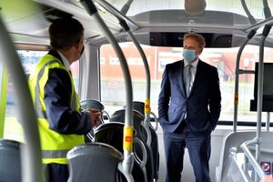 Transport Secretary Grant Shapps on National Express West Midlands bus at their garage on the Pensnett Trading Estate