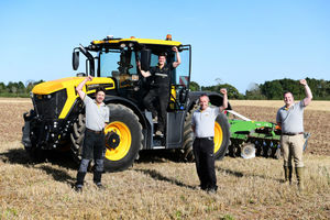 Fastrac sales engineer Peter Williams, senior Fastrac sales engineer James Coxon, product and marketing manager JCB Agriculture David Timmis and Fastrac product specialist Tom Mowforth celebrate the creation of the special 75th anniversary tribute