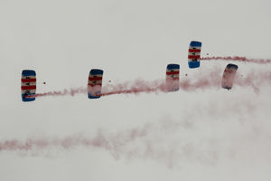 The RAF Falcons, the UK’s premier military parachute display team, during one of their descents to the main ring. Image by Andy Compton