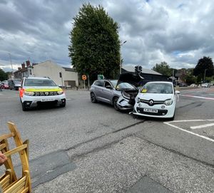 Two vehicles collided at the A461 Wollaston Roads crossroads in Amblecote on Friday afternoon. Photo: Black Country Radio