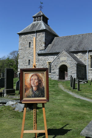 2.	Stephen Hopper’s oil painting of St Melangell outside St Melangell’s church in Pennant Melangell, Powys