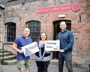 Cllr Wayne Little, Zoe Konopka and Cllr Adam Davies outside the soon to be opened coffee shop at Red House Glass Cone