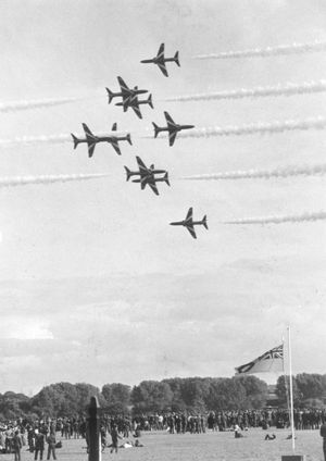 The Red Arrows at RAF Cosford Air Show. Dated September 22, 1980. The aircraft are Hawk trainers.