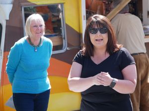 Chairman of Kington Chamber of Trade Emma Hancocks thanking everyone at the competition, watched by Pam Peek. Image by Andy Compton