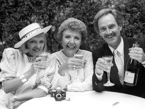 Black and white image of Jane Rossington, Noele Gordon and Tony Adams
