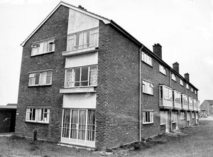 Flats at Brookhill Crescent, Ketley, July 1965. The caption was: 'The block of council flats at Brookhill Crescent, Ketley, which has been invaded by earwigs.' Brookhill Crescent became notorious. The flats were later substantially remodelled. The area was renamed Wedgwood Crescent. 