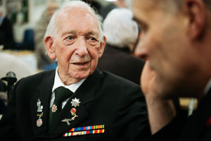 Jeff Brereton, 103 years old, who is potentially the oldest former firefighter, talking to the current Chief Fire Officer Rob Barber