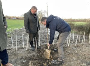 Montgomery and Glwyndwr MP Steve Witherden planting a tree with Glandŵr Cymru regional director Ben Cottam