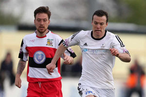Shaun Whalley, right, of AFC Telford United battles with Reece Fleet of Solihull Moors.
