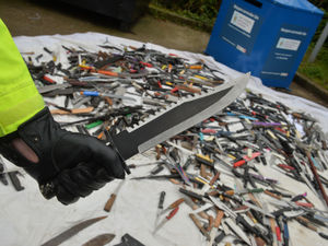 Weapons from the region's surrender bins at Tesco Extra, Dudley