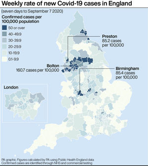 Weekly rate of new Covid-19 cases in England
