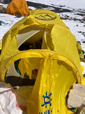 The ripped tent Adam was forced to sleep in while in the Death Zone