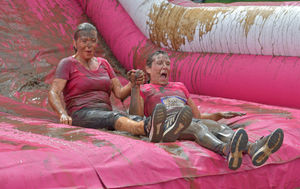Braving the slide at the end of the course