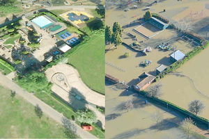 The town centre park and play area seen ahead of the torrential rain. After the Severn burst its banks, dirty water has covered the whole park area.