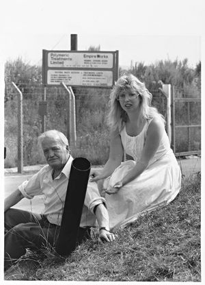 Leigh Interests, waste disposal, Stubbers Green Road, Aldridge. A crane smashed through metal gates , narrowly missing protesters who were trying to blockade the waste disposal plant. Superintendant Malcolm Gough, and A.B.A. Crane Hire, Essington, are mentioned. The photograph shows Eric Ward and Nita-Marie Farmer.