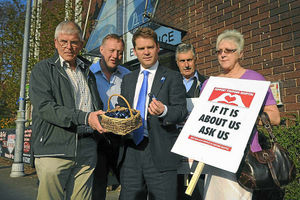 Barry Dowell, Scott Murray, Aidan Burley MP, John Simmonds and Pam Smith with the blue hospitals' campaign ribbons that have been handed out around the town