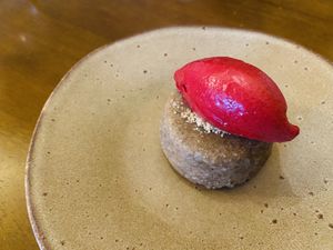 The lemon tart with raspberry sorbet