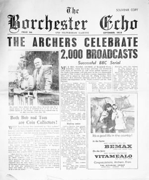 The Borchester Echo and Felpersham Gazette, a souvenir fictional newspaper from September 1958 marking 2,000 editions of The Archers