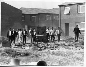 Flying pickets at Brookside, during the national building workers' strike on September 6, 1972. The events of that day led to a celebrated trial in which six pickets were accused of conspiring to intimidate workers. Those accused included Eric Tomlinson, later actor Ricky Tomlinson. 